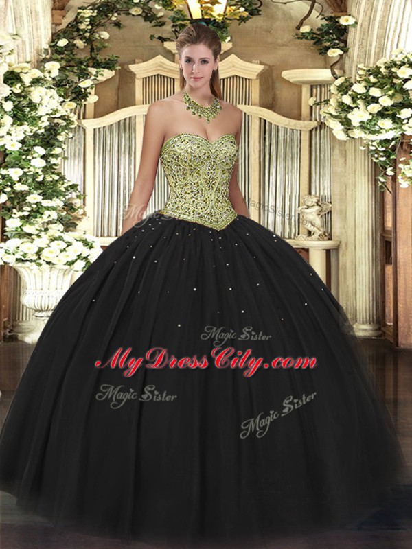 Ideal Black Ball Gowns Tulle Sweetheart Sleeveless Beading Floor Length Lace Up 15 Quinceanera Dress