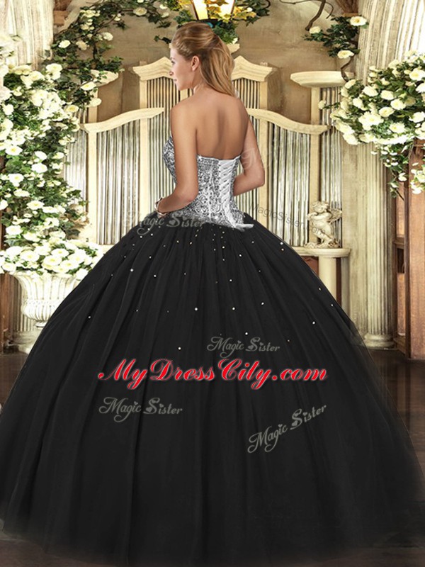 Ideal Black Ball Gowns Tulle Sweetheart Sleeveless Beading Floor Length Lace Up 15 Quinceanera Dress