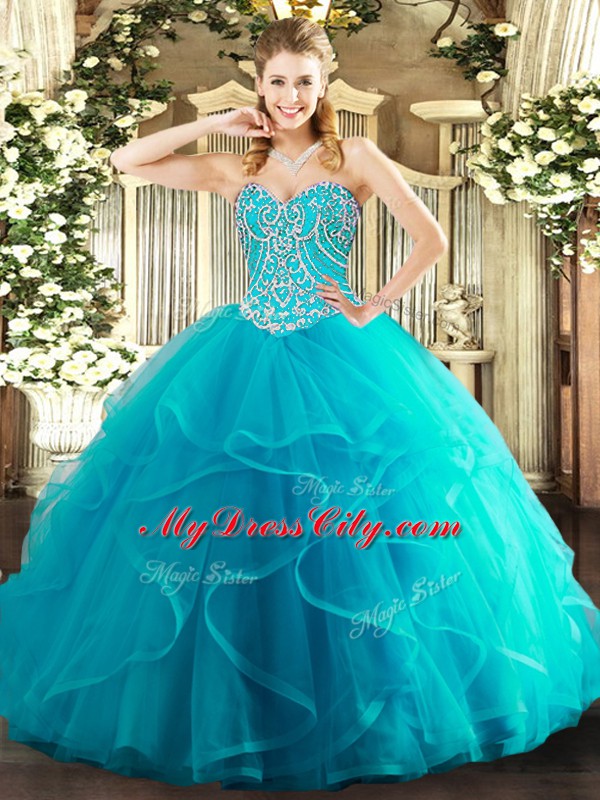 Teal Sleeveless Tulle Lace Up Quinceanera Gown for Military Ball and Sweet 16 and Quinceanera