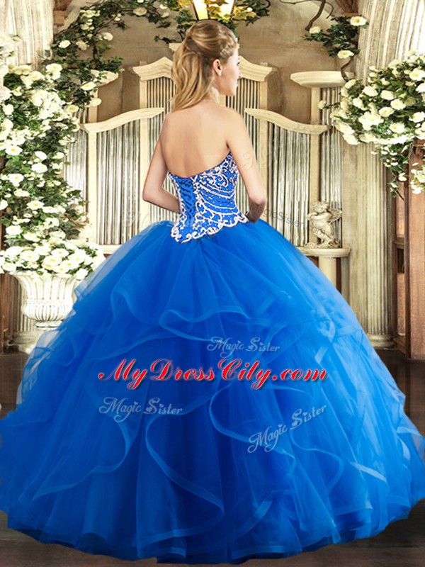 Teal Sleeveless Tulle Lace Up Quinceanera Gown for Military Ball and Sweet 16 and Quinceanera