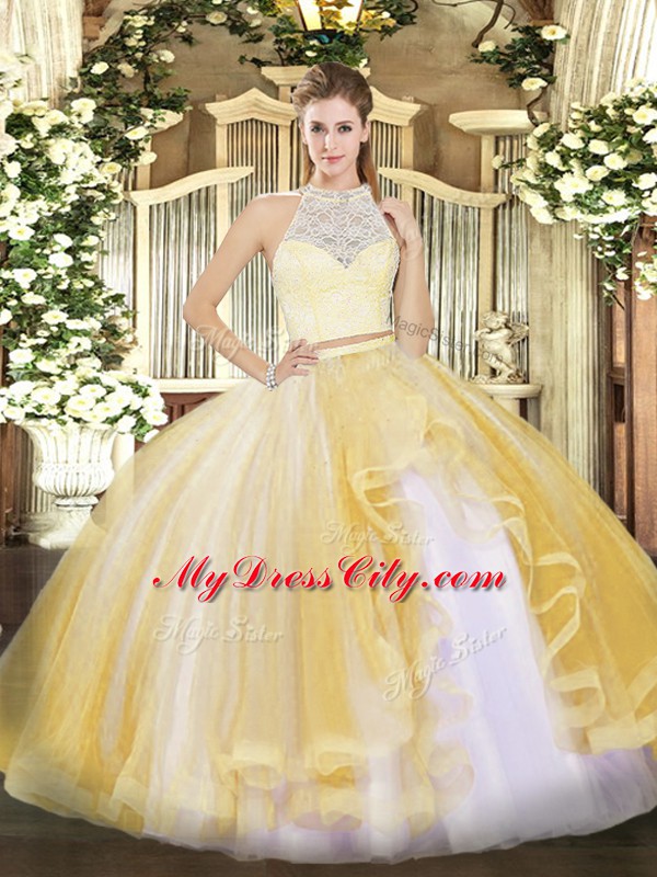 Floor Length Gold Quinceanera Dress Scoop Sleeveless Zipper