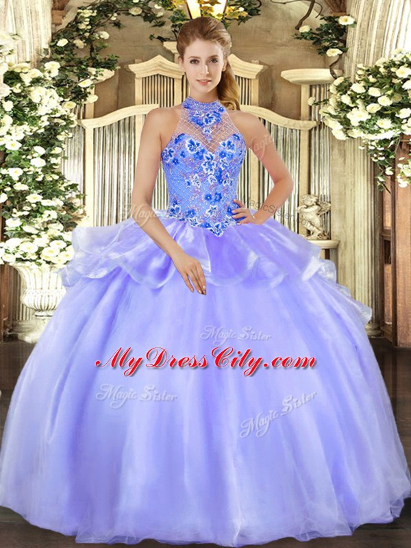 Custom Design Lavender Ball Gown Prom Dress Military Ball and Sweet 16 and Quinceanera with Embroidery Halter Top Sleeveless Lace Up