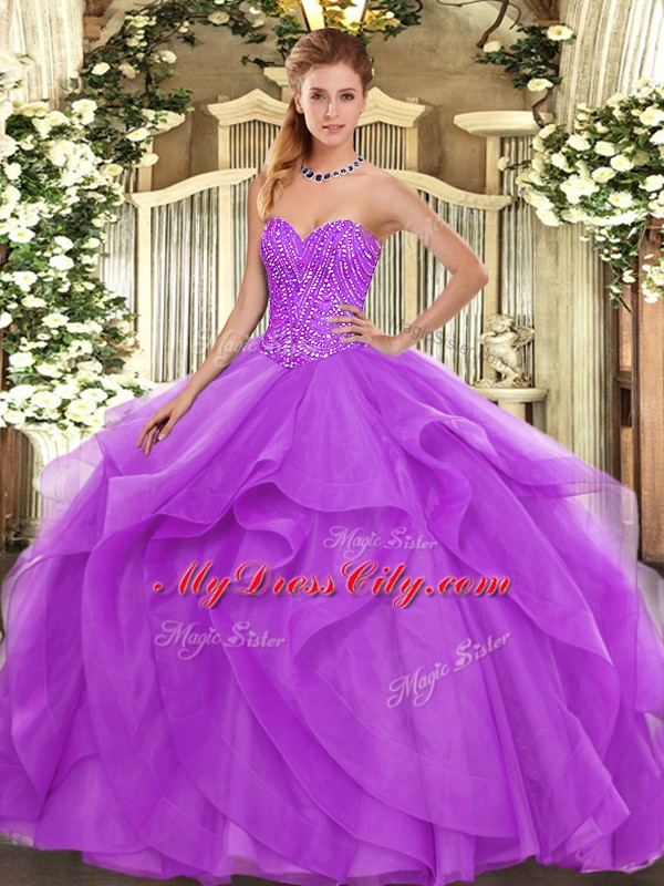 Shining Floor Length Lilac Quinceanera Gown Tulle Sleeveless Beading and Ruffles