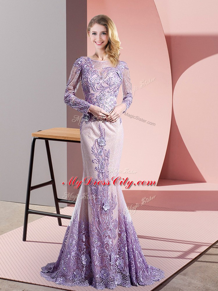 Shining Tulle Long Sleeves Prom Evening Gown Sweep Train and Beading and Appliques