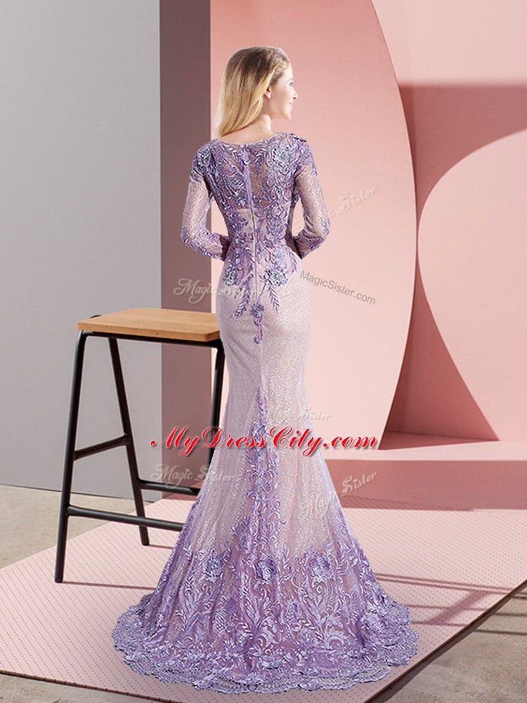 Shining Tulle Long Sleeves Prom Evening Gown Sweep Train and Beading and Appliques