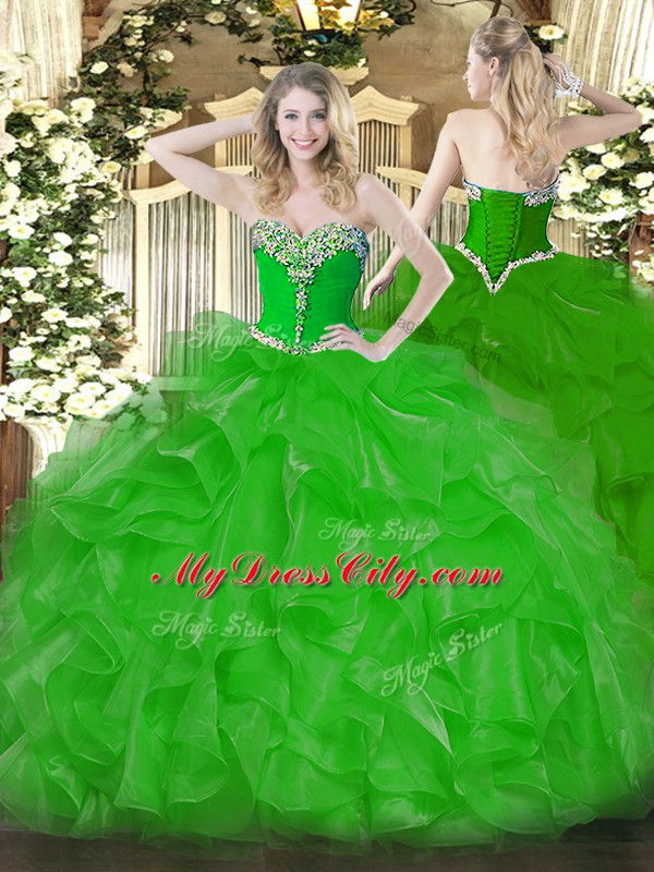 Attractive Green Sweetheart Neckline Beading and Ruffles 15 Quinceanera Dress Sleeveless Lace Up