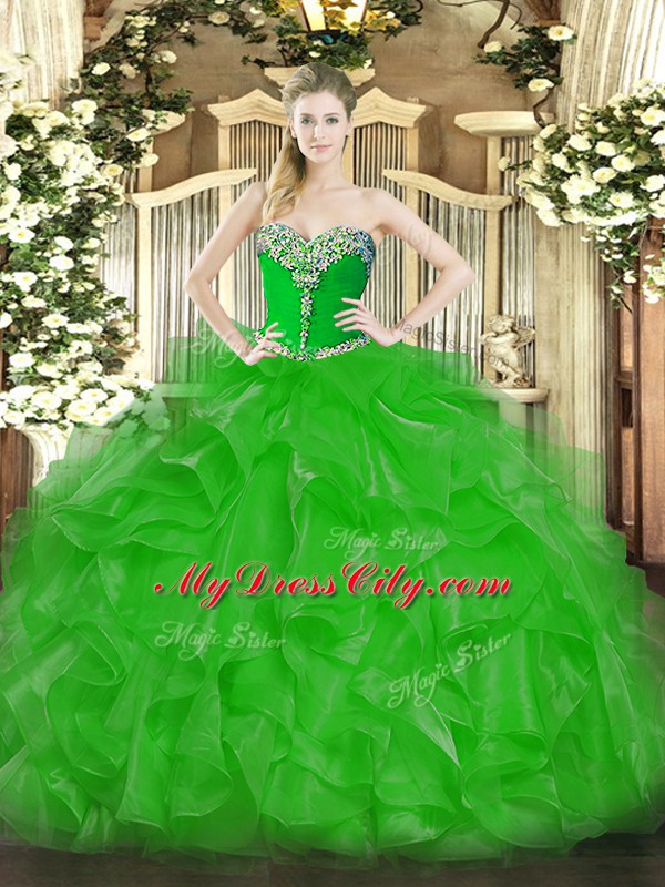 Attractive Green Sweetheart Neckline Beading and Ruffles 15 Quinceanera Dress Sleeveless Lace Up