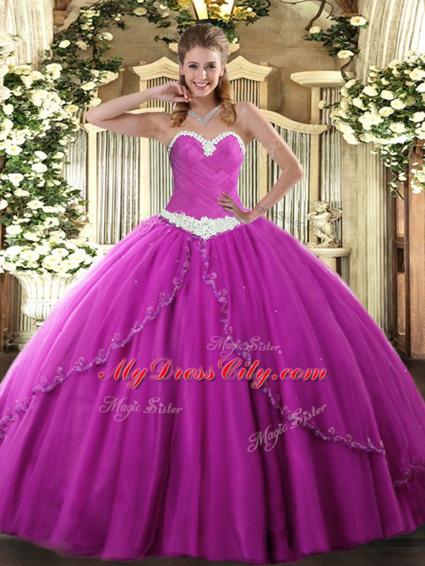 Romantic Sweetheart Sleeveless Brush Train Lace Up Quinceanera Dresses Fuchsia Tulle