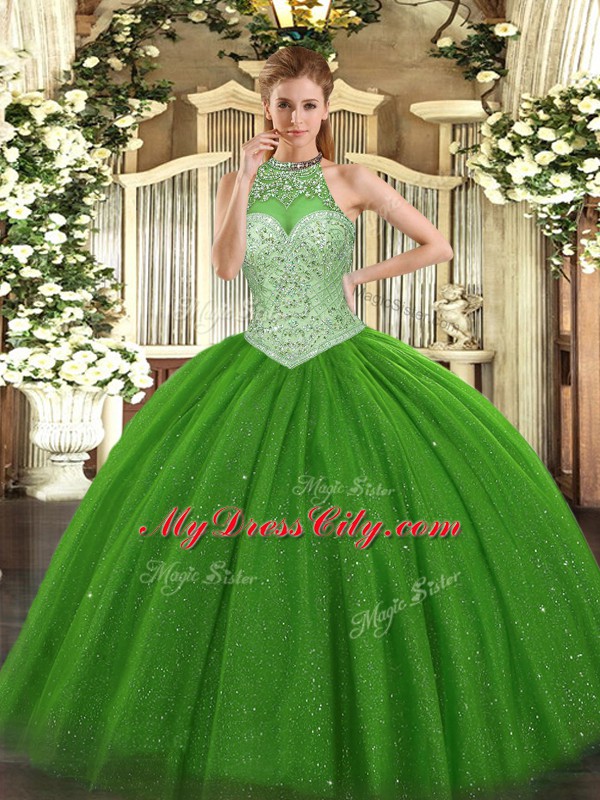 Halter Top Sleeveless Vestidos de Quinceanera Floor Length Beading Green Tulle