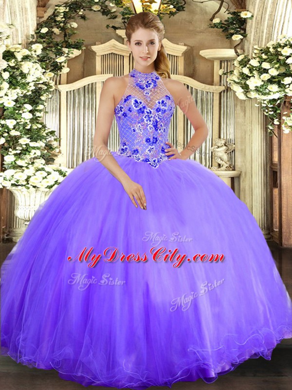 Lavender Ball Gowns Tulle Halter Top Sleeveless Embroidery Floor Length Lace Up 15 Quinceanera Dress