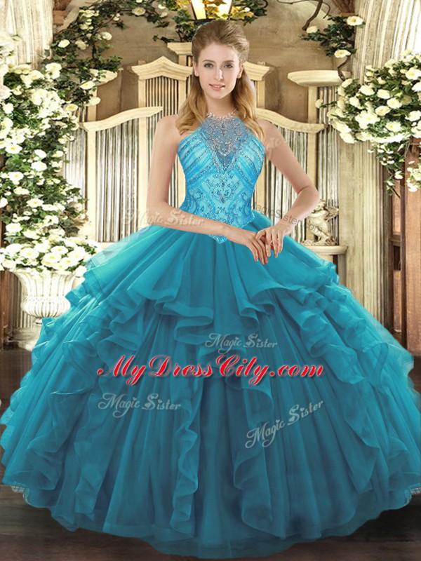 Noble Teal Quince Ball Gowns Military Ball and Sweet 16 and Quinceanera with Beading and Ruffles High-neck Sleeveless Lace Up