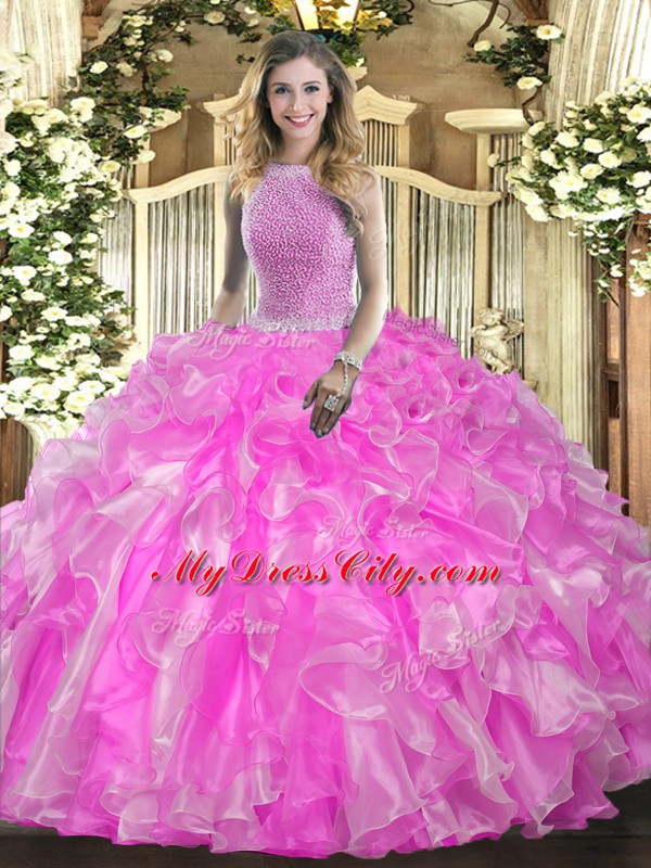 Rose Pink Ball Gowns Organza High-neck Sleeveless Beading and Ruffles Floor Length Lace Up Quinceanera Dress