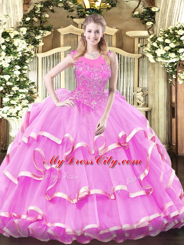 Lilac Sweet 16 Quinceanera Dress Military Ball and Sweet 16 and Quinceanera with Beading and Ruffled Layers Scoop Sleeveless Zipper