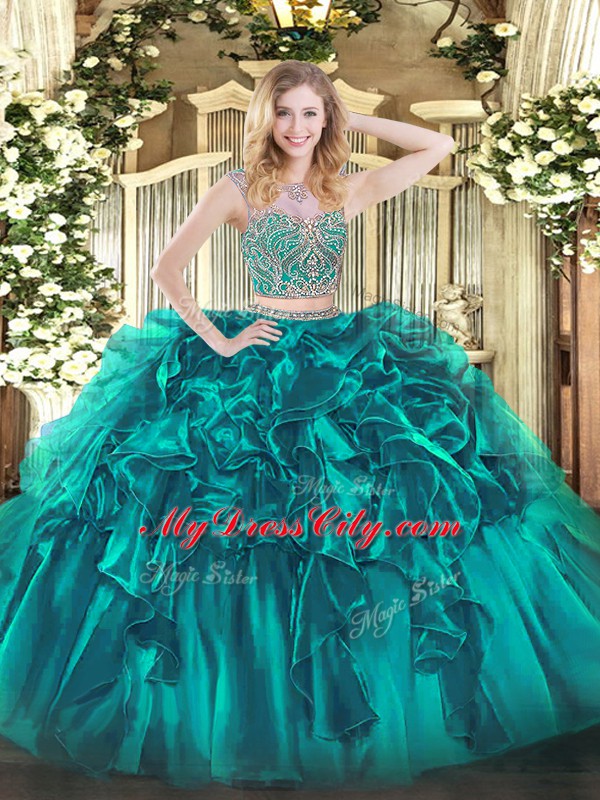 Teal Two Pieces Organza Scoop Sleeveless Beading and Ruffles Floor Length Lace Up Quinceanera Gown