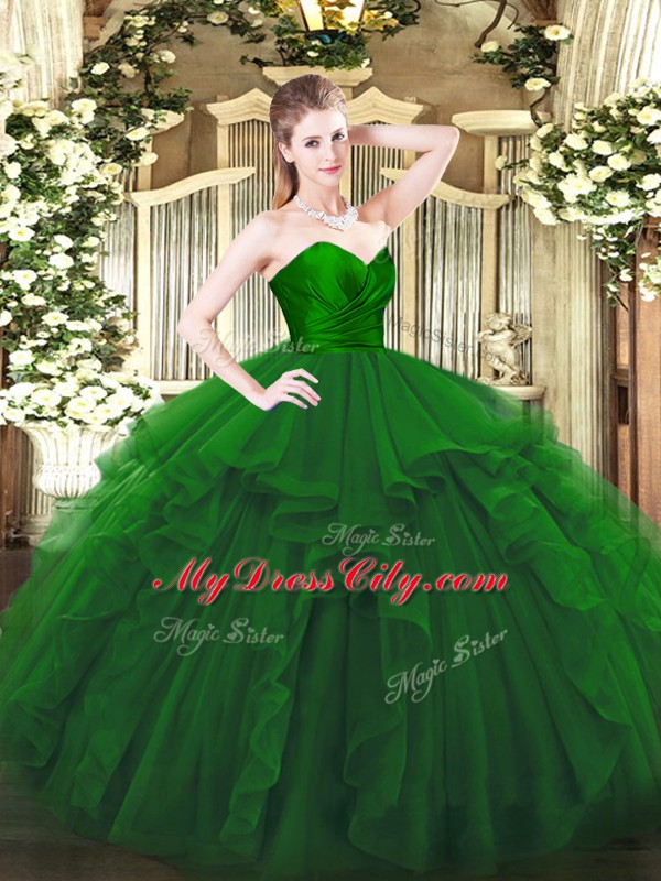 Charming Sleeveless Tulle Floor Length Zipper Quinceanera Gown in Green with Ruffles