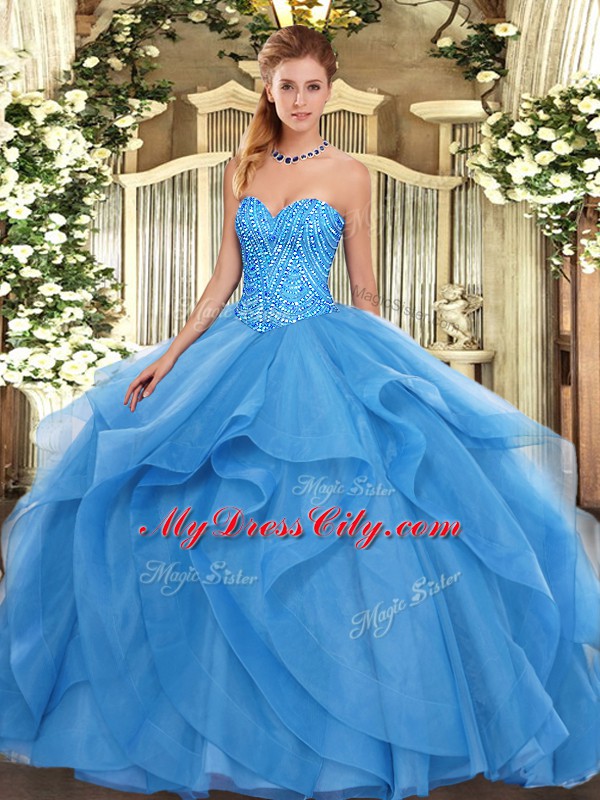 Gorgeous Sleeveless Floor Length Beading and Ruffles Lace Up Sweet 16 Dress with Baby Blue