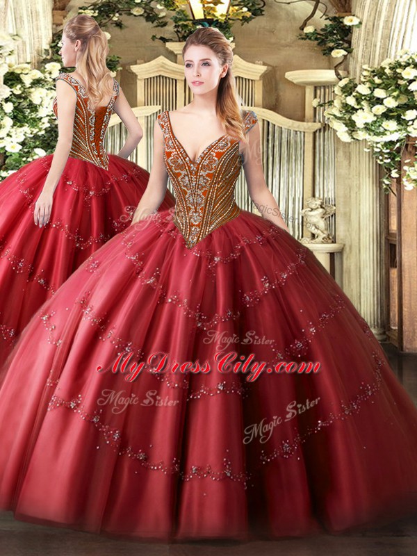 Comfortable Red Ball Gowns Tulle V-neck Sleeveless Beading and Appliques Floor Length Lace Up Quinceanera Gown