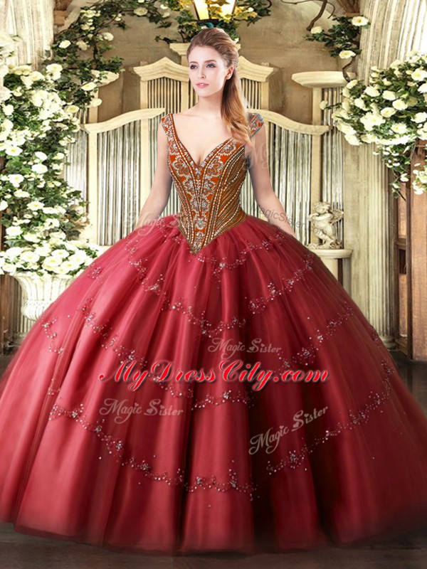 Comfortable Red Ball Gowns Tulle V-neck Sleeveless Beading and Appliques Floor Length Lace Up Quinceanera Gown