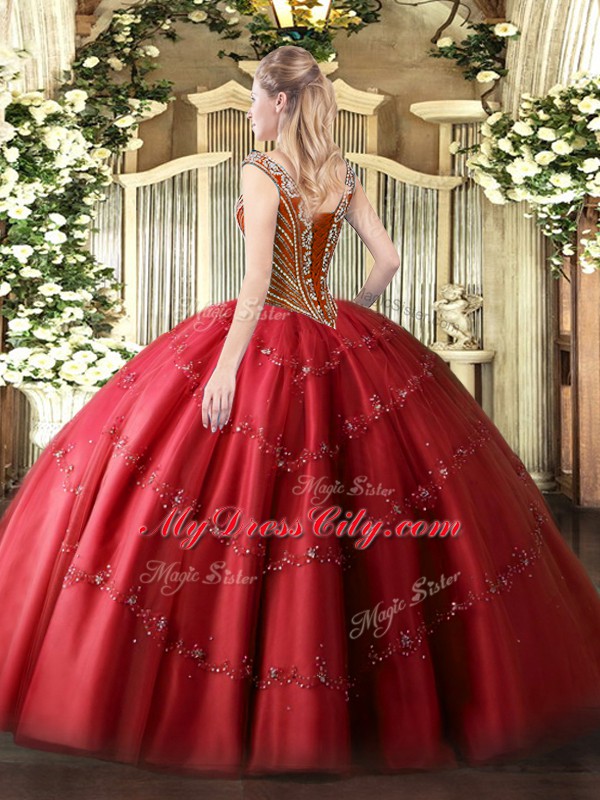 Comfortable Red Ball Gowns Tulle V-neck Sleeveless Beading and Appliques Floor Length Lace Up Quinceanera Gown