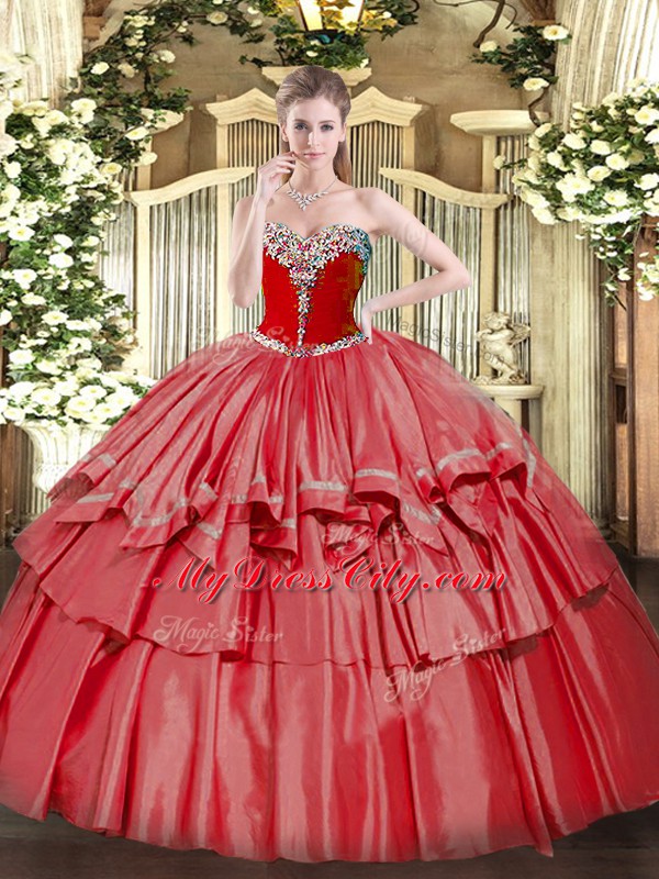 Glamorous Coral Red Ball Gowns Organza and Taffeta Sweetheart Sleeveless Beading and Ruffled Layers Floor Length Lace Up Sweet 16 Quinceanera Dress