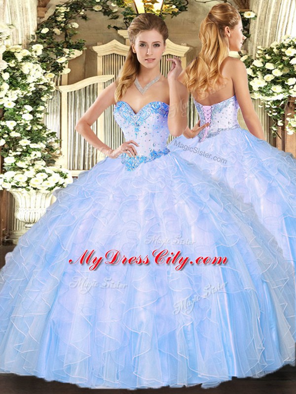 Flirting Light Blue Ball Gowns Organza Sweetheart Sleeveless Beading and Ruffles Floor Length Lace Up Quinceanera Dresses