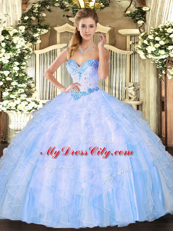 Flirting Light Blue Ball Gowns Organza Sweetheart Sleeveless Beading and Ruffles Floor Length Lace Up Quinceanera Dresses