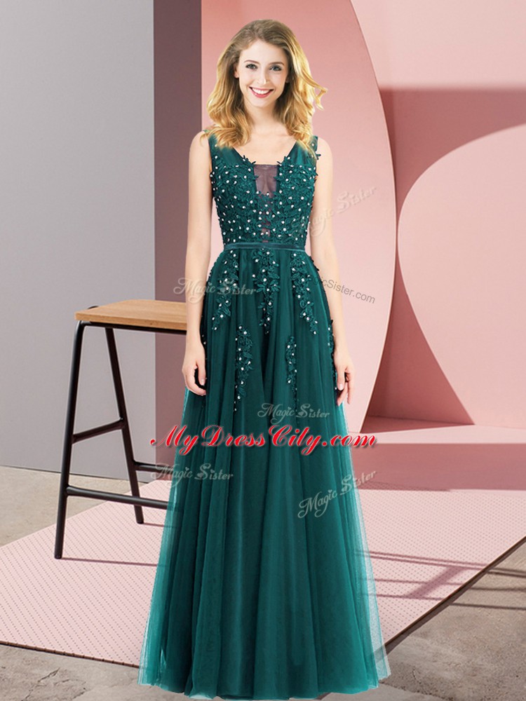 Hot Sale Turquoise Backless Square Beading and Appliques Prom Dresses Tulle Sleeveless