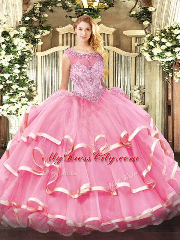 Rose Pink Scoop Neckline Beading and Ruffled Layers Quinceanera Dress Sleeveless Zipper