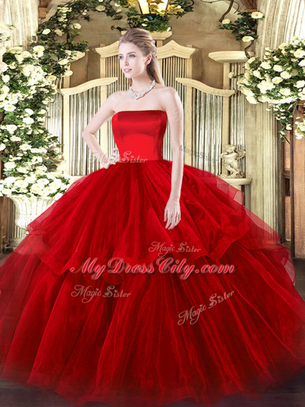 Ideal Wine Red Tulle Zipper 15 Quinceanera Dress Sleeveless Brush Train Ruffled Layers