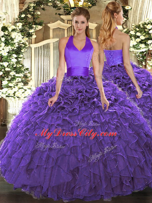 Elegant Floor Length Ball Gowns Sleeveless Purple 15th Birthday Dress Lace Up