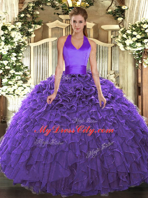 Elegant Floor Length Ball Gowns Sleeveless Purple 15th Birthday Dress Lace Up