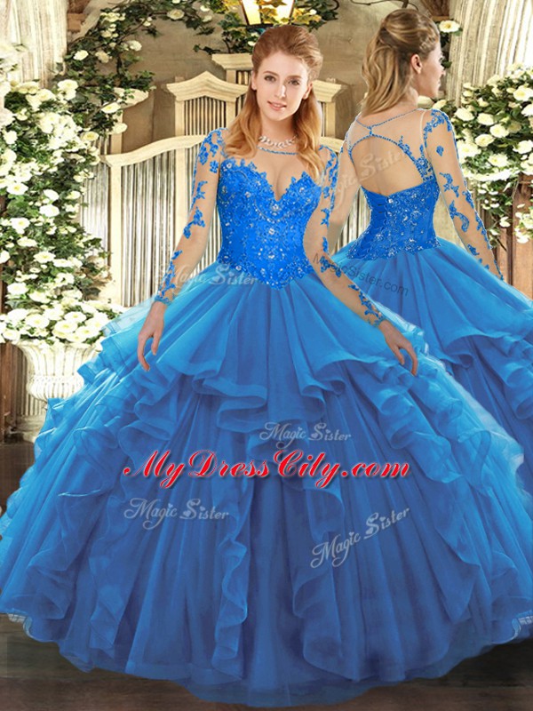 Long Sleeves Lace and Ruffles Lace Up Sweet 16 Dress