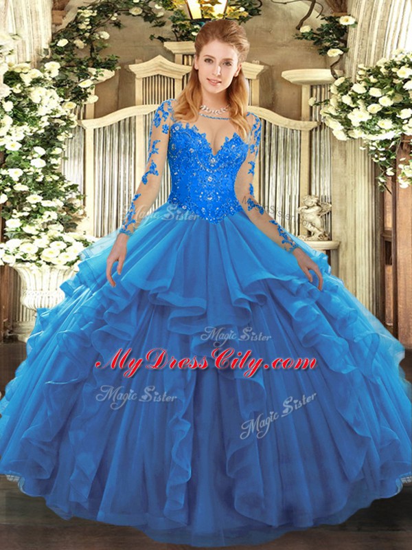 Long Sleeves Lace and Ruffles Lace Up Sweet 16 Dress