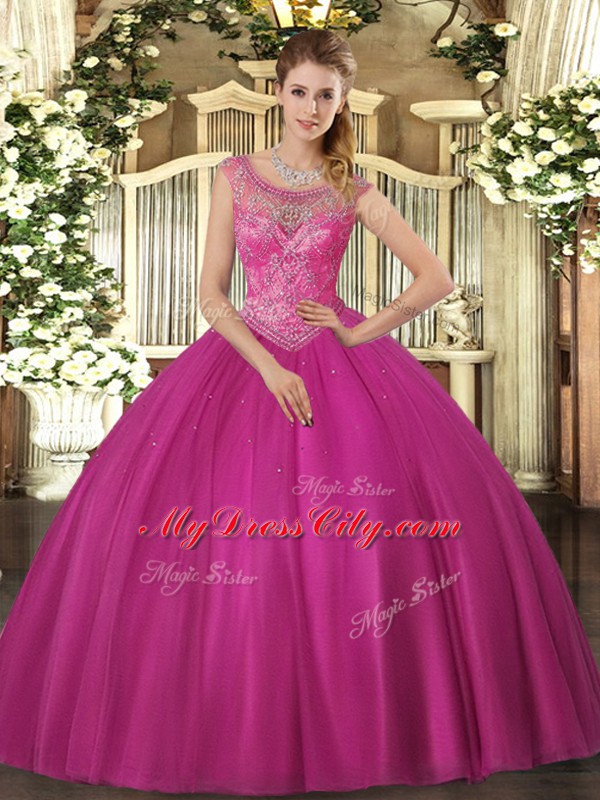 Floor Length Lace Up Ball Gown Prom Dress Fuchsia for Sweet 16 and Quinceanera with Beading