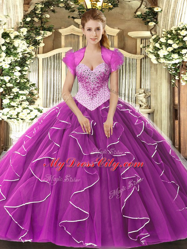 Custom Made Fuchsia Ball Gowns Tulle Sweetheart Sleeveless Beading Floor Length Lace Up Sweet 16 Dress