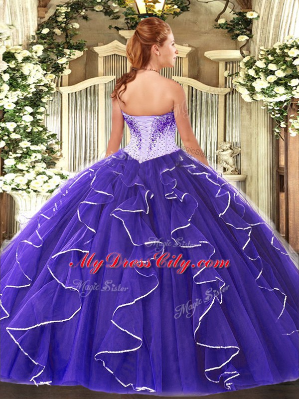 Custom Made Fuchsia Ball Gowns Tulle Sweetheart Sleeveless Beading Floor Length Lace Up Sweet 16 Dress