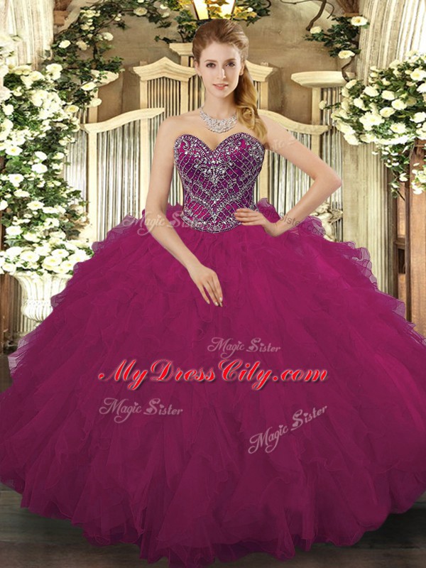 Fuchsia Ball Gowns Beading and Ruffled Layers 15 Quinceanera Dress Lace Up Tulle Sleeveless Floor Length