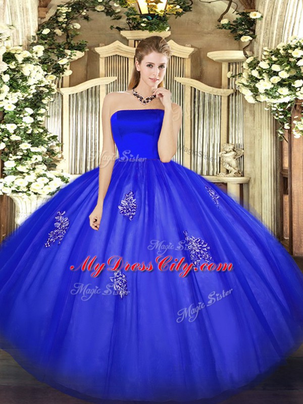 Strapless Sleeveless Zipper Quinceanera Gowns Blue Tulle