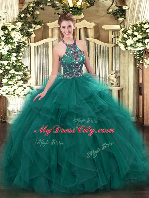 Custom Designed Teal Lace Up 15th Birthday Dress Beading and Ruffles Sleeveless Floor Length