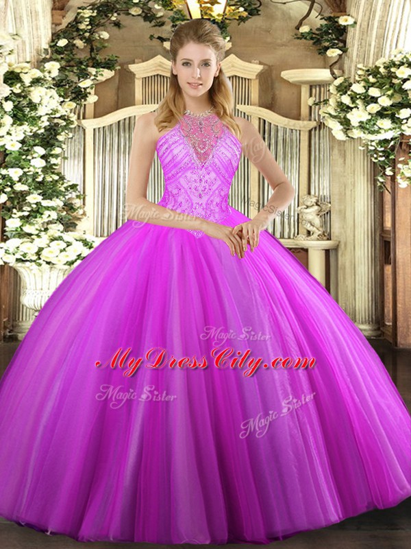 Glamorous High-neck Sleeveless Tulle Vestidos de Quinceanera Beading Lace Up