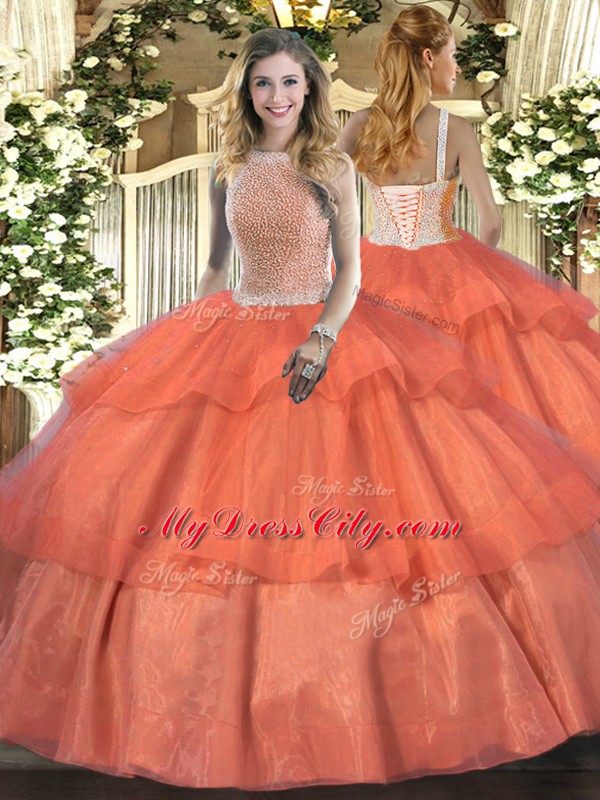 Gorgeous Ball Gowns Quinceanera Dress Orange Red High-neck Tulle Sleeveless Floor Length Lace Up