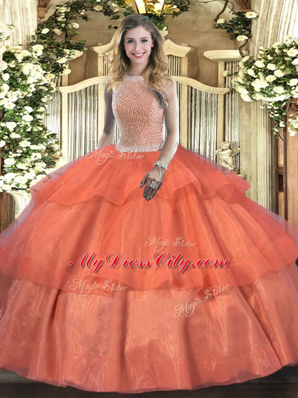 Gorgeous Ball Gowns Quinceanera Dress Orange Red High-neck Tulle Sleeveless Floor Length Lace Up