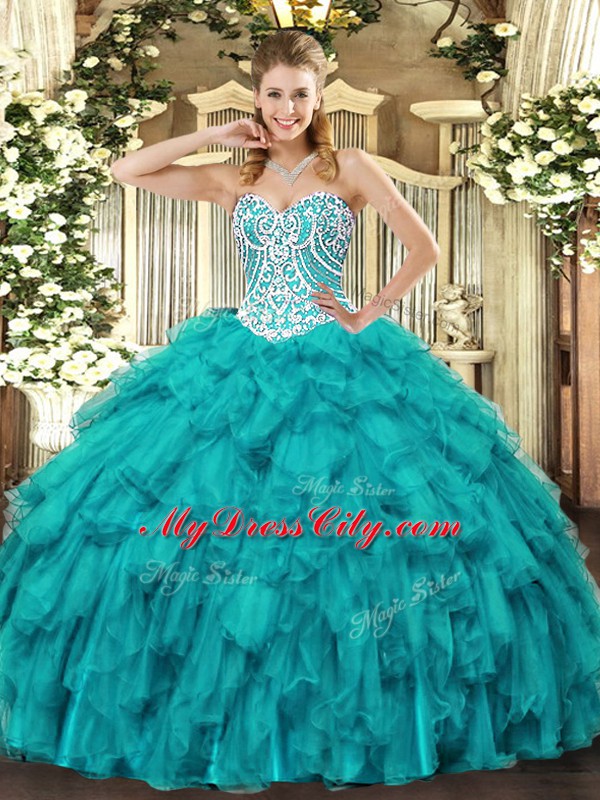 Wonderful Teal Quince Ball Gowns Military Ball and Sweet 16 and Quinceanera with Beading and Ruffles Sweetheart Sleeveless Lace Up