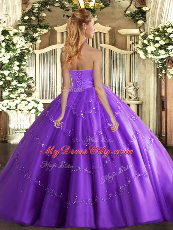 Deluxe Fuchsia Halter Top Neckline Appliques Quinceanera Gowns Sleeveless Lace Up