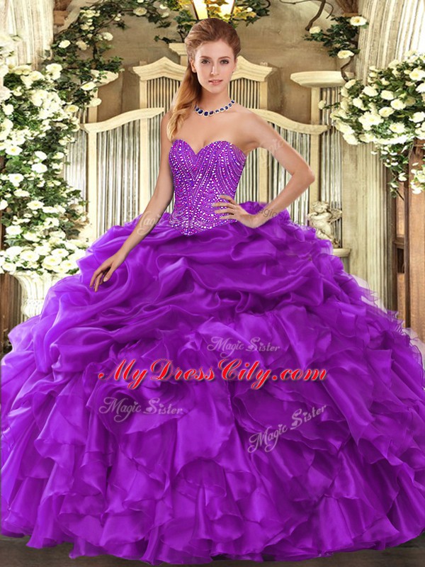 Dynamic Purple Sleeveless Organza Lace Up 15th Birthday Dress for Military Ball and Sweet 16 and Quinceanera