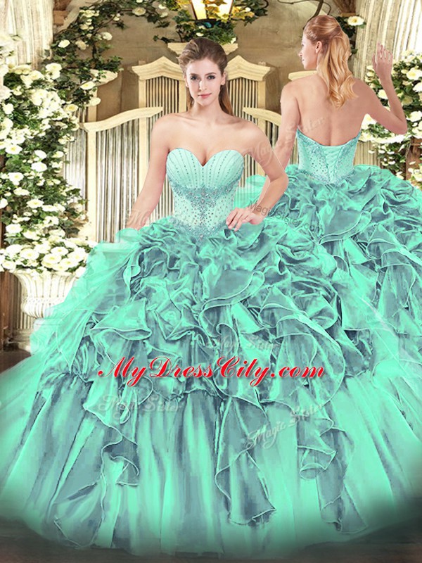 Turquoise Sweetheart Neckline Beading and Ruffles Ball Gown Prom Dress Sleeveless Lace Up