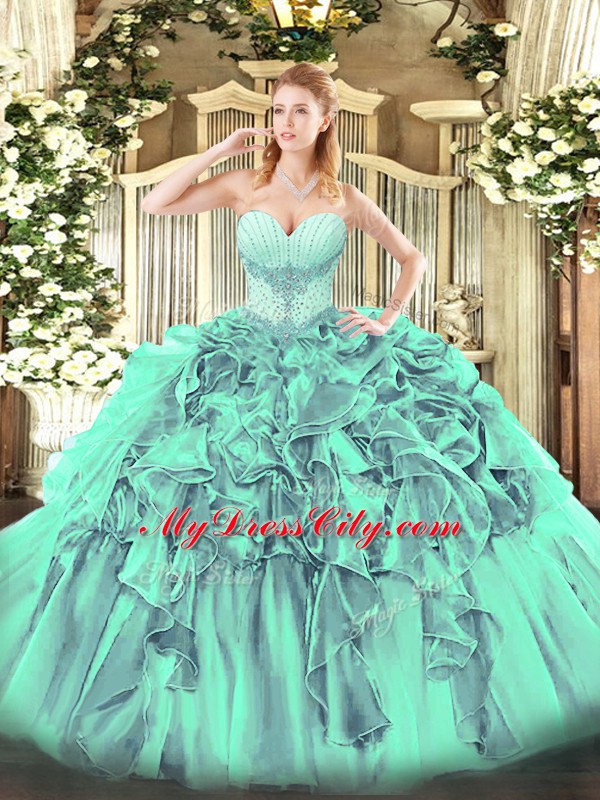 Turquoise Sweetheart Neckline Beading and Ruffles Ball Gown Prom Dress Sleeveless Lace Up