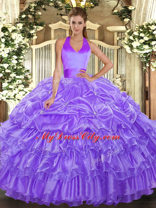 Dynamic Lavender Sleeveless Ruffled Layers and Pick Ups Floor Length Quince Ball Gowns