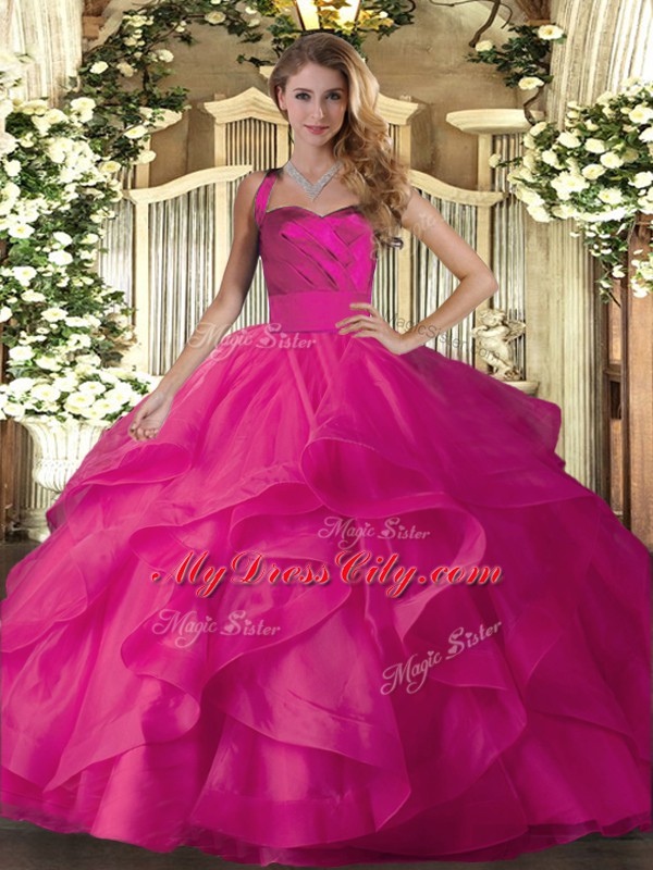 High Quality Hot Pink Sleeveless Tulle Lace Up Quinceanera Gown for Military Ball and Sweet 16 and Quinceanera