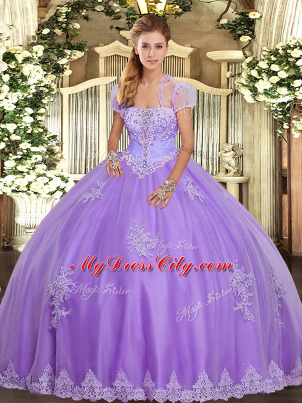 Lavender Lace Up Strapless Appliques Quince Ball Gowns Tulle Sleeveless